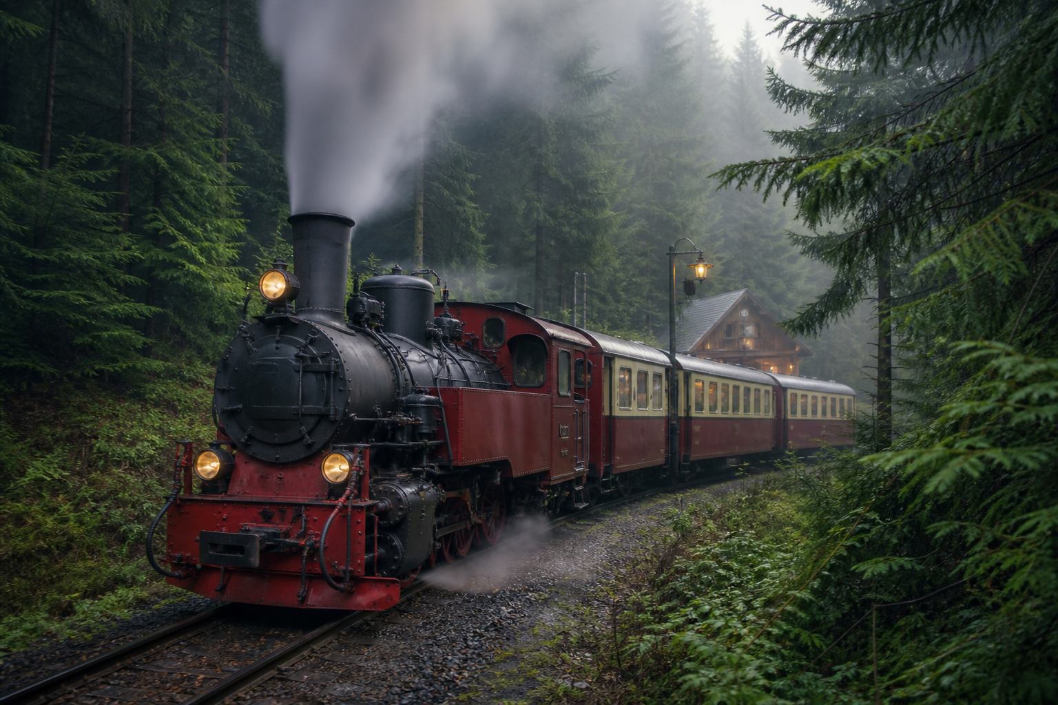 Rote Dampflok der Harzer Schmalspurbahnen im Wald