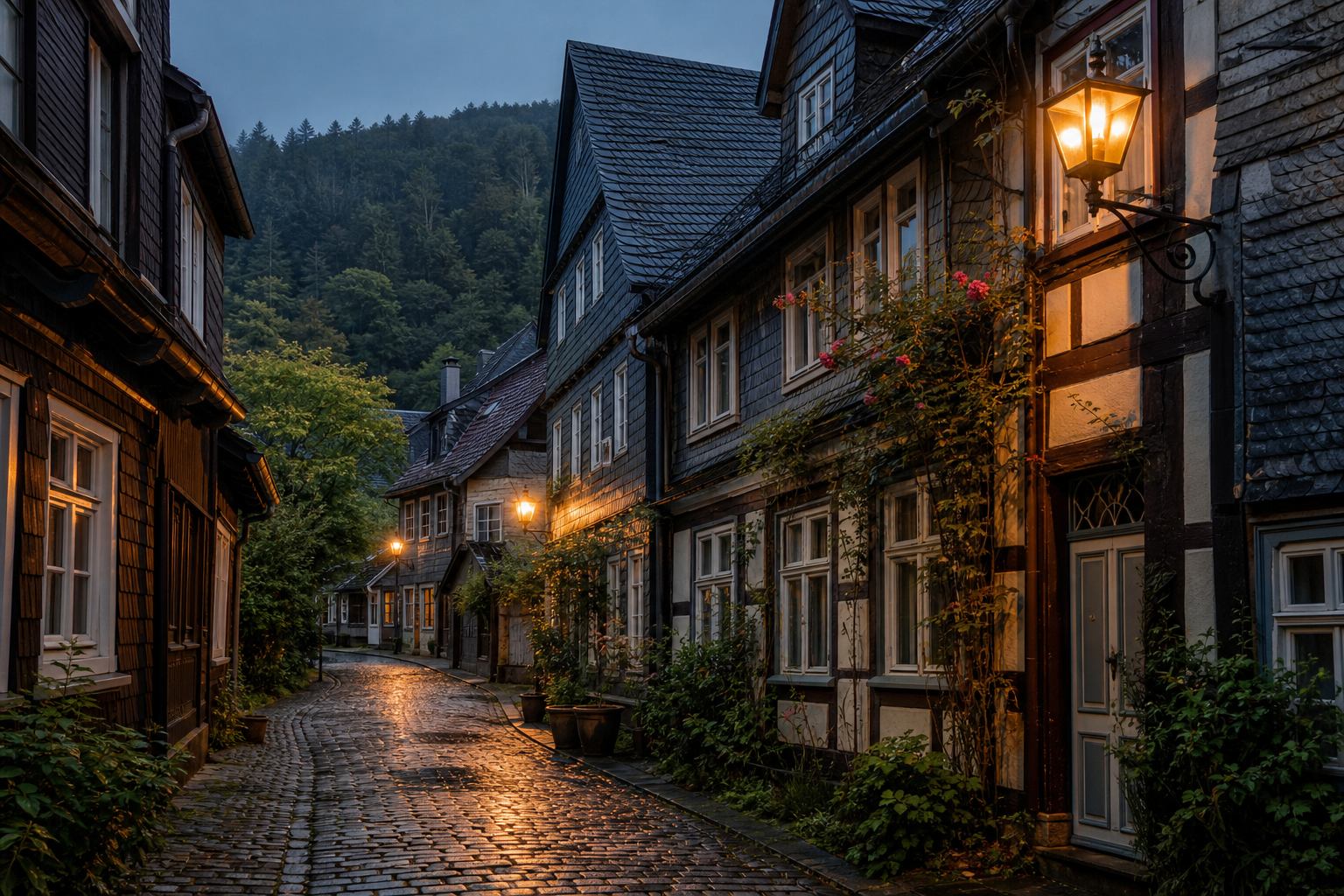 Schieferdach und Gasse in einer Harzstadt